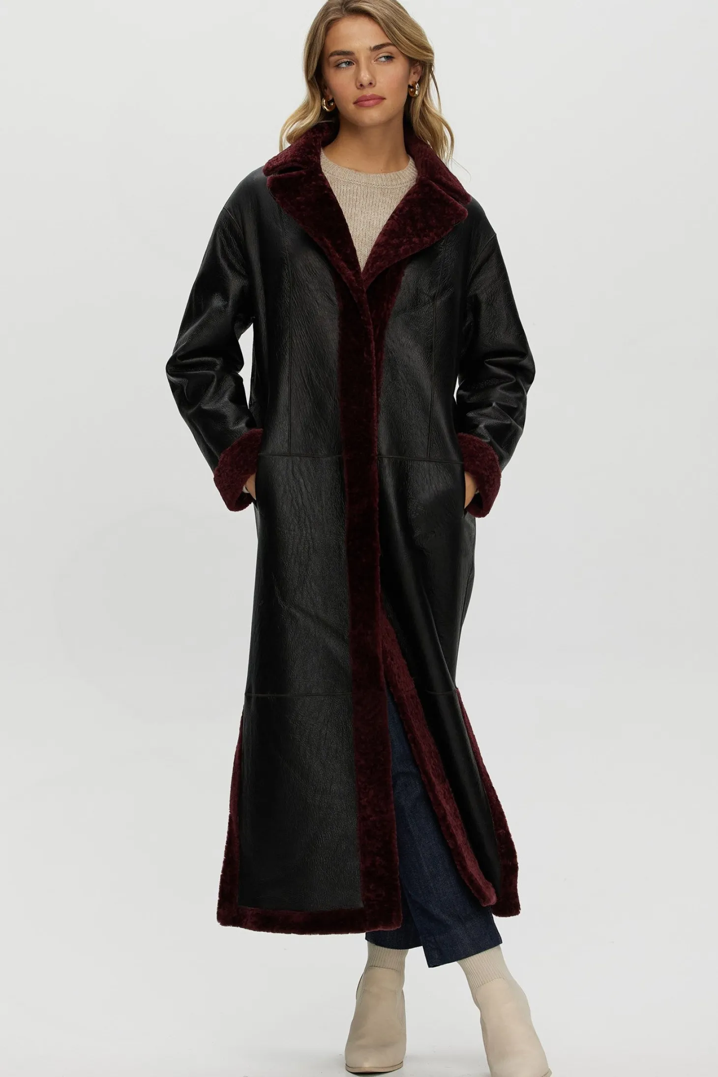 Reversible Select Shearling Lamb Coat With Side Slits And Belt