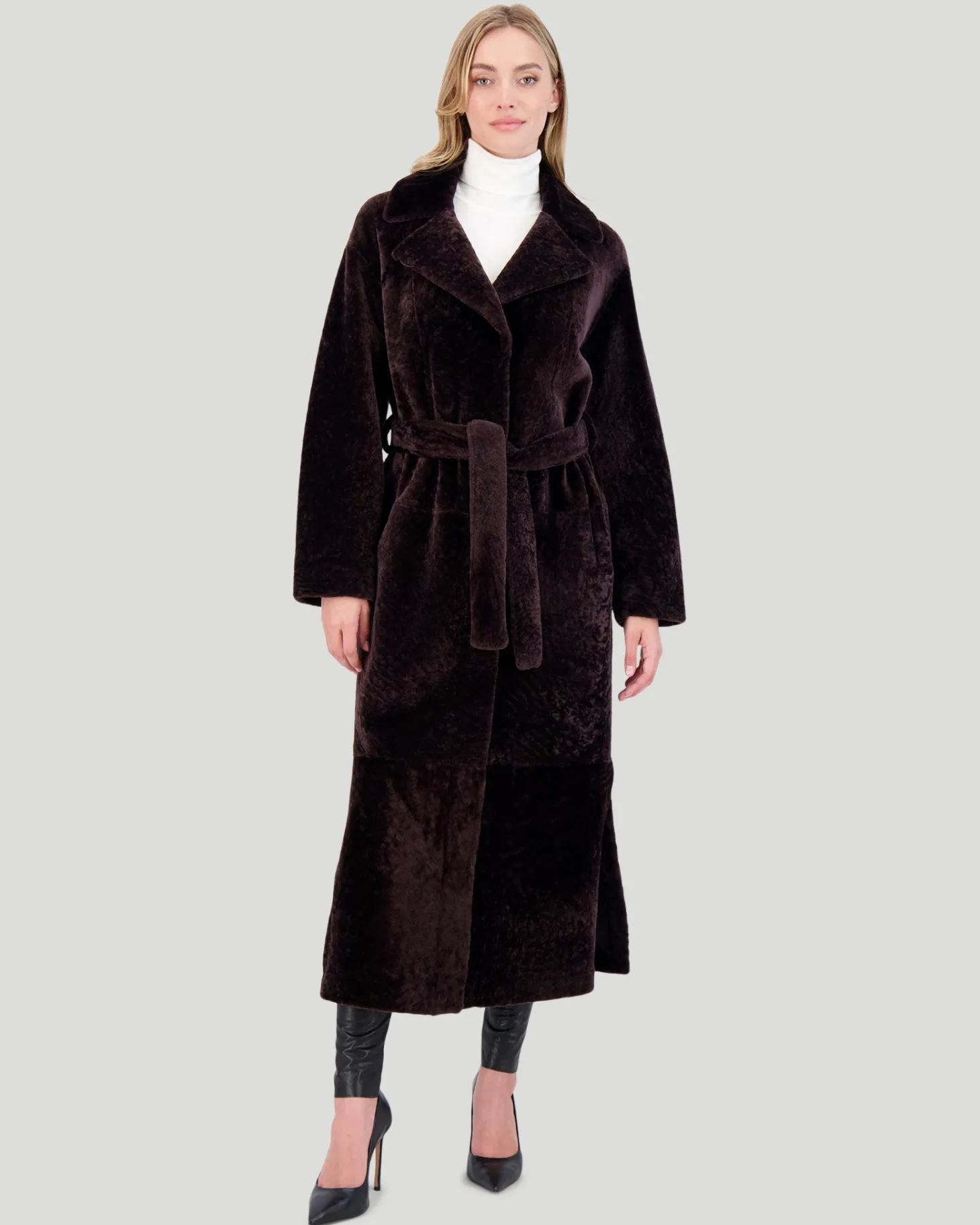 Reversible Select Shearling Lamb Coat With Side Slits And Belt