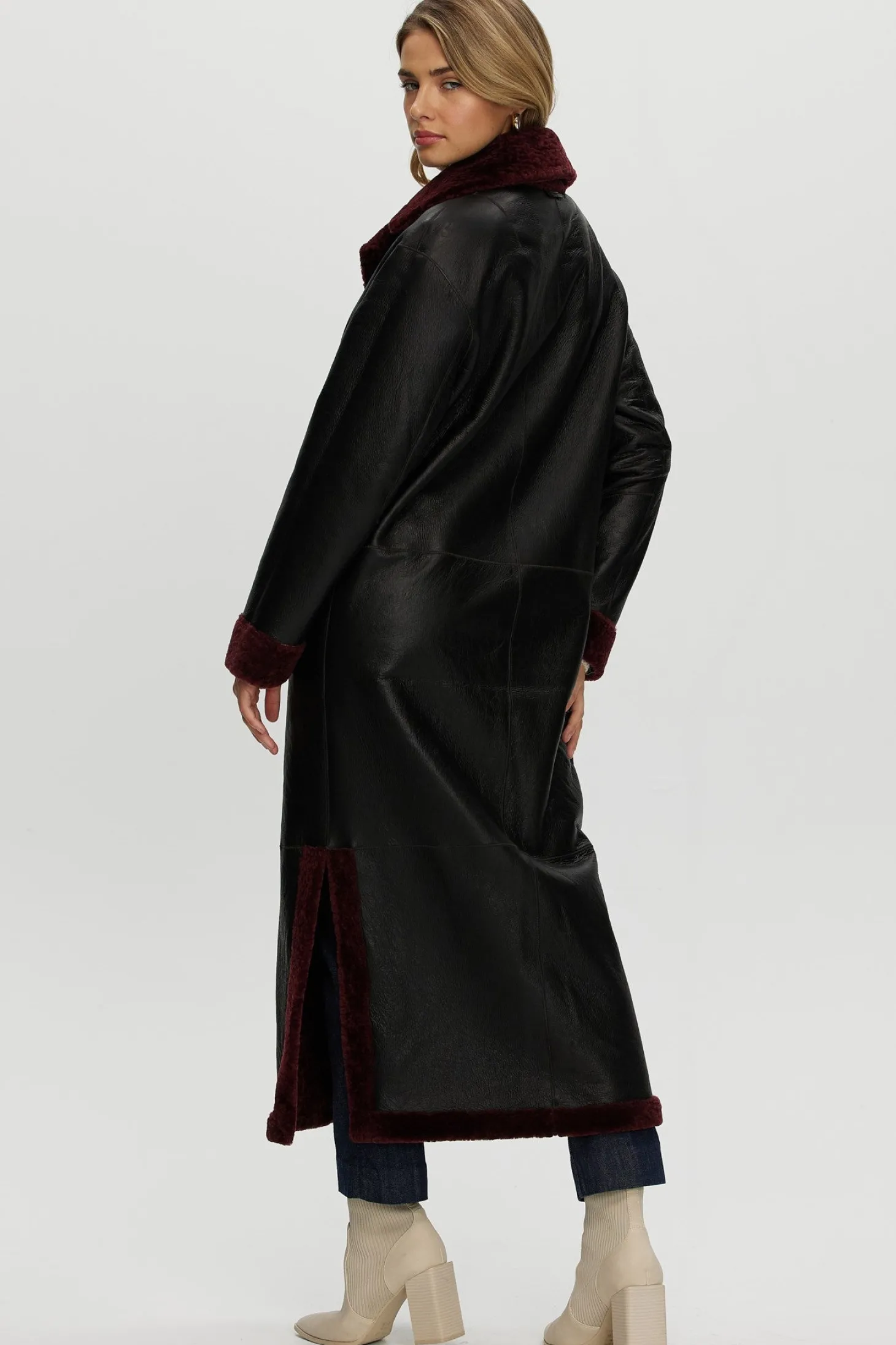 Reversible Select Shearling Lamb Coat With Side Slits And Belt