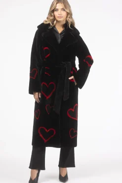 Reversible Shearling Lamb Coat With Heart Intarsia, Belt
