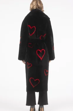 Reversible Shearling Lamb Coat With Heart Intarsia, Belt