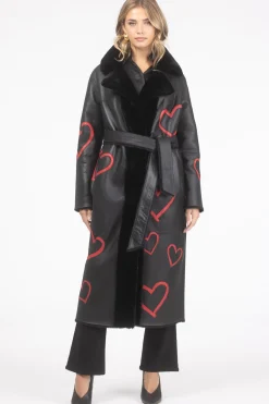 Reversible Shearling Lamb Coat With Heart Intarsia, Belt