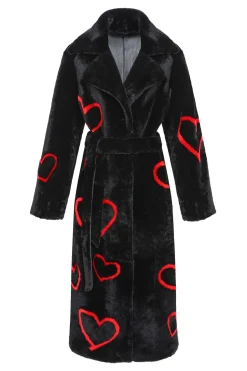 Reversible Shearling Lamb Coat With Heart Intarsia, Belt