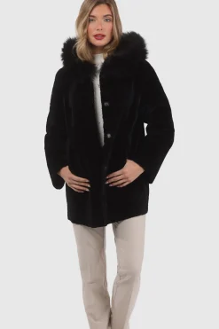 Reversible Textured Shearling Lamb Parka With Merinillo Shearling Lamb Hood Trim