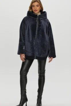 Reversible Textured Shearling Lamb Zip Parka With Ribbed Hem