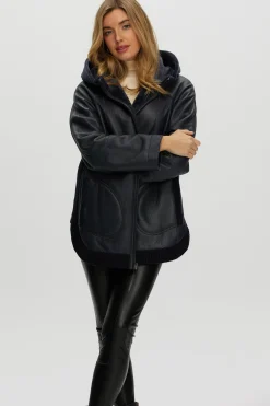 Reversible Textured Shearling Lamb Zip Parka With Ribbed Hem