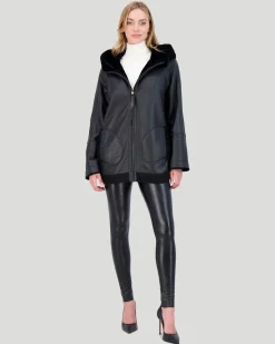 Reversible Textured Shearling Lamb Zip Parka With Ribbed Hem