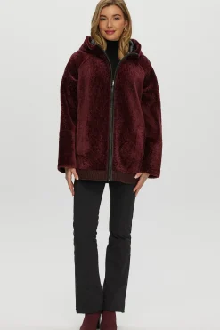 Reversible Textured Shearling Lamb Zip Parka With Ribbed Hem