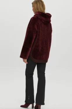 Reversible Textured Shearling Lamb Zip Parka With Ribbed Hem