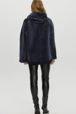 Reversible Textured Shearling Lamb Zip Parka With Ribbed Hem