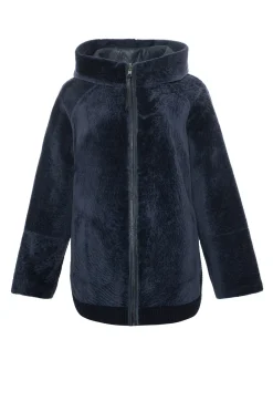 Reversible Textured Shearling Lamb Zip Parka With Ribbed Hem