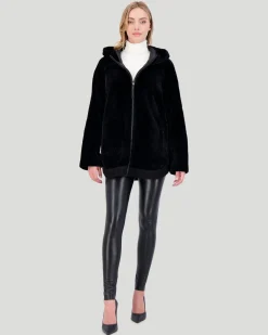 Reversible Textured Shearling Lamb Zip Parka With Ribbed Hem
