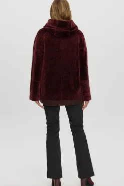 Reversible Textured Shearling Lamb Zip Parka With Ribbed Hem