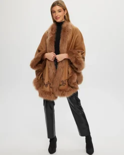 Select Cashmere & Wool Cape With Toscana Shearling Lamb Trim And Ribbon Embroidery