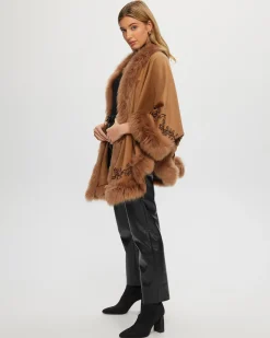 Select Cashmere & Wool Cape With Toscana Shearling Lamb Trim And Ribbon Embroidery
