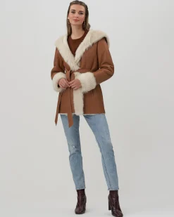 Shearling Lamb Hooded Jacket With Toscana Trim And Cuffs, Belt