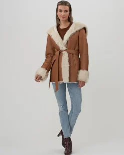 Shearling Lamb Hooded Jacket With Toscana Trim And Cuffs, Belt