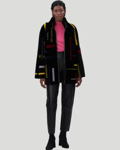 Shearling Lamb Zip Jacket With Abstract Intarsia