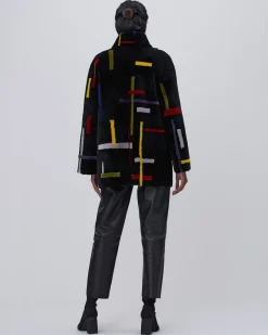 Shearling Lamb Zip Jacket With Abstract Intarsia