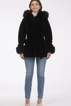 Textured Shearling Lamb Reversible Parka With Merinillo Shearling Lamb Hood Trim & Cuffs, Belt