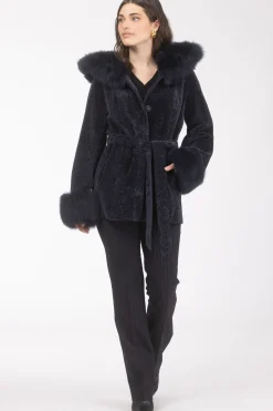 Textured Shearling Lamb Reversible Parka With Merinillo Shearling Lamb Hood Trim & Cuffs, Belt