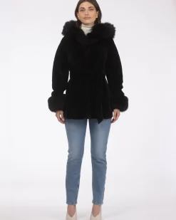Textured Shearling Lamb Reversible Parka With Merinillo Shearling Lamb Hood Trim & Cuffs, Belt