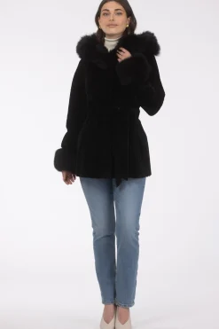 Textured Shearling Lamb Reversible Parka With Merinillo Shearling Lamb Hood Trim & Cuffs, Belt