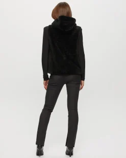 Textured Shearling Lamb Zip Vest Hooded Reversible To Taffeta