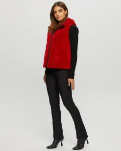 Textured Shearling Lamb Zip Vest Hooded Reversible To Taffeta