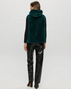 Textured Shearling Lamb Zip Vest Hooded Reversible To Taffeta