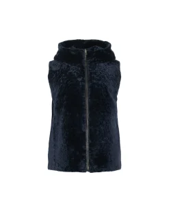 Textured Shearling Lamb Zip Vest Hooded Reversible To Taffeta