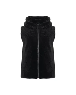 Textured Shearling Lamb Zip Vest Hooded Reversible To Taffeta