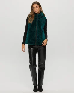 Textured Shearling Lamb Zip Vest Hooded Reversible To Taffeta