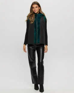 Textured Shearling Lamb Zip Vest Hooded Reversible To Taffeta