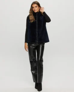 Textured Shearling Lamb Zip Vest Hooded Reversible To Taffeta