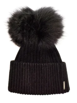 Wool Blend Knit Hat With Double Select Lamb Pompoms